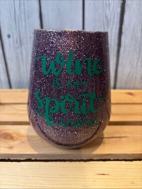 Glitter Purple Stemless Wine Tumbler - "Wine Is My Spirit Animal" handmade